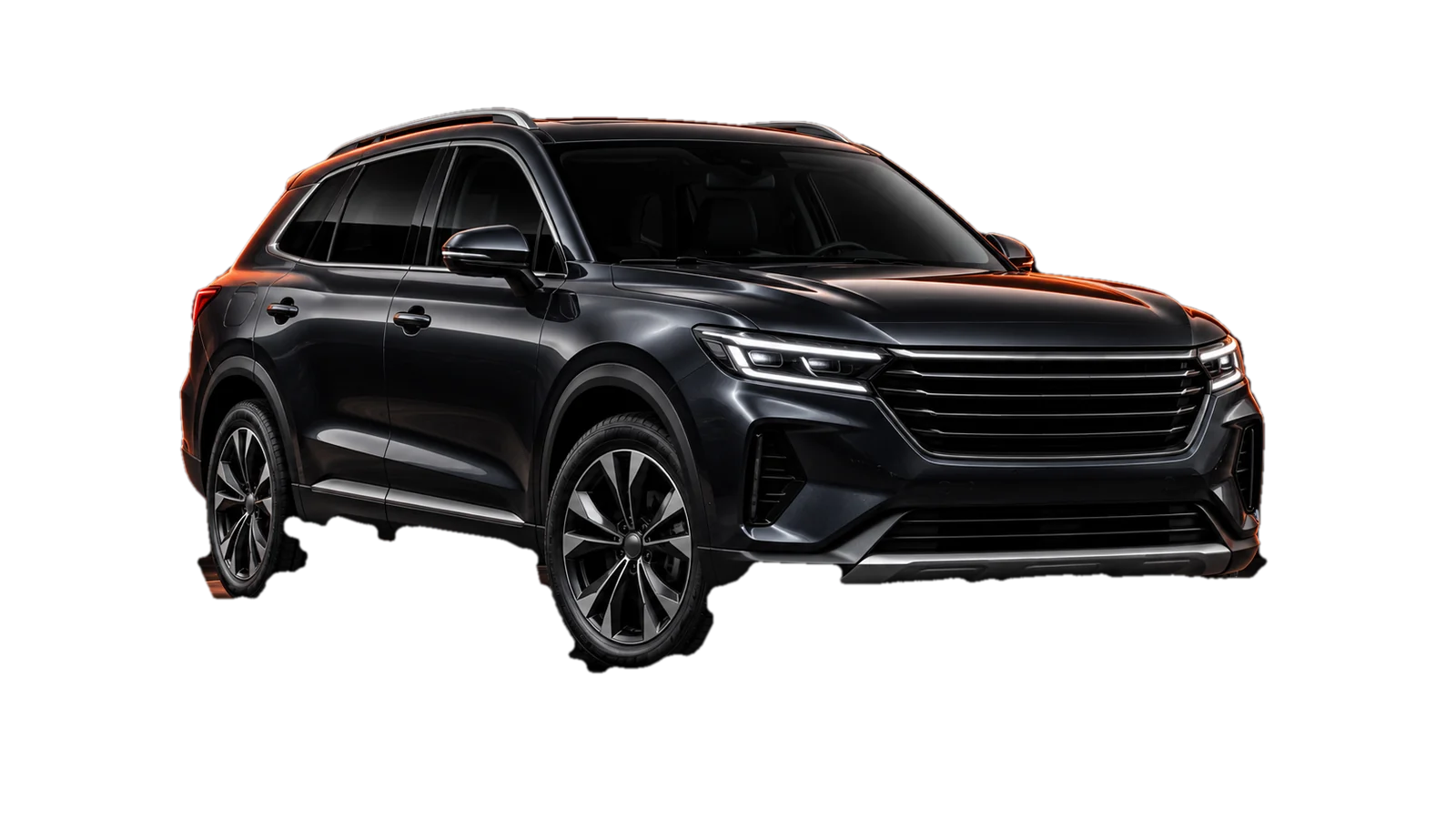 회전판 위에 놓인 짙은 회색 SUV